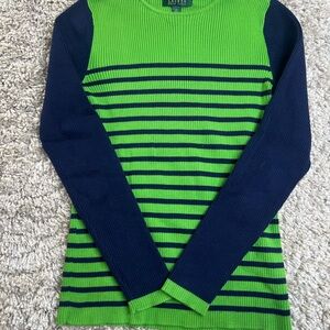 Ralph Lauren Lime Green and Navy Striped Crewneck Sweater